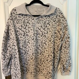 aerie Leopard Print Half-Zip Sweatshirt in Light Gray and Dark Gray